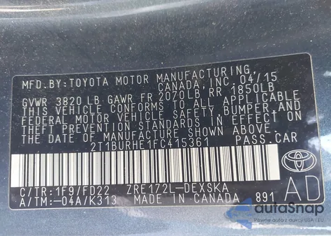 2015 Toyota Corolla S from USA, damaged, VIN 2T1BURHE1FC415361